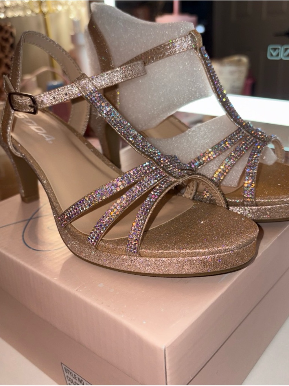 Soda Rose Gold Glitter Strappy Heels with Rhinestones